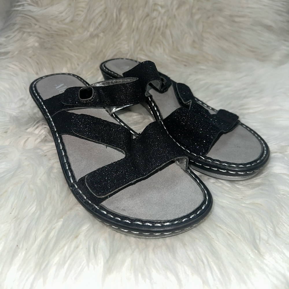 Alegria Black Glitter Comfort Sandals | Size 38 Slip-On Cushioned Walking Shoe